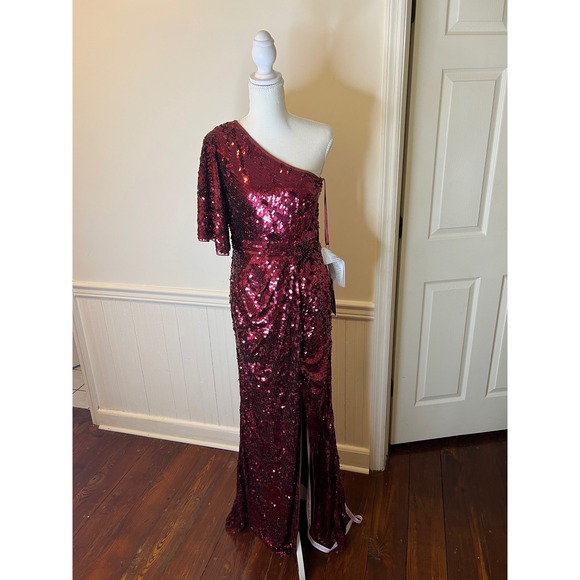 Mac Duggal 93540 Burgundy Sequin One Shoulder Gown Maxi Dress Size 6 NEW - Picture 4 of 11